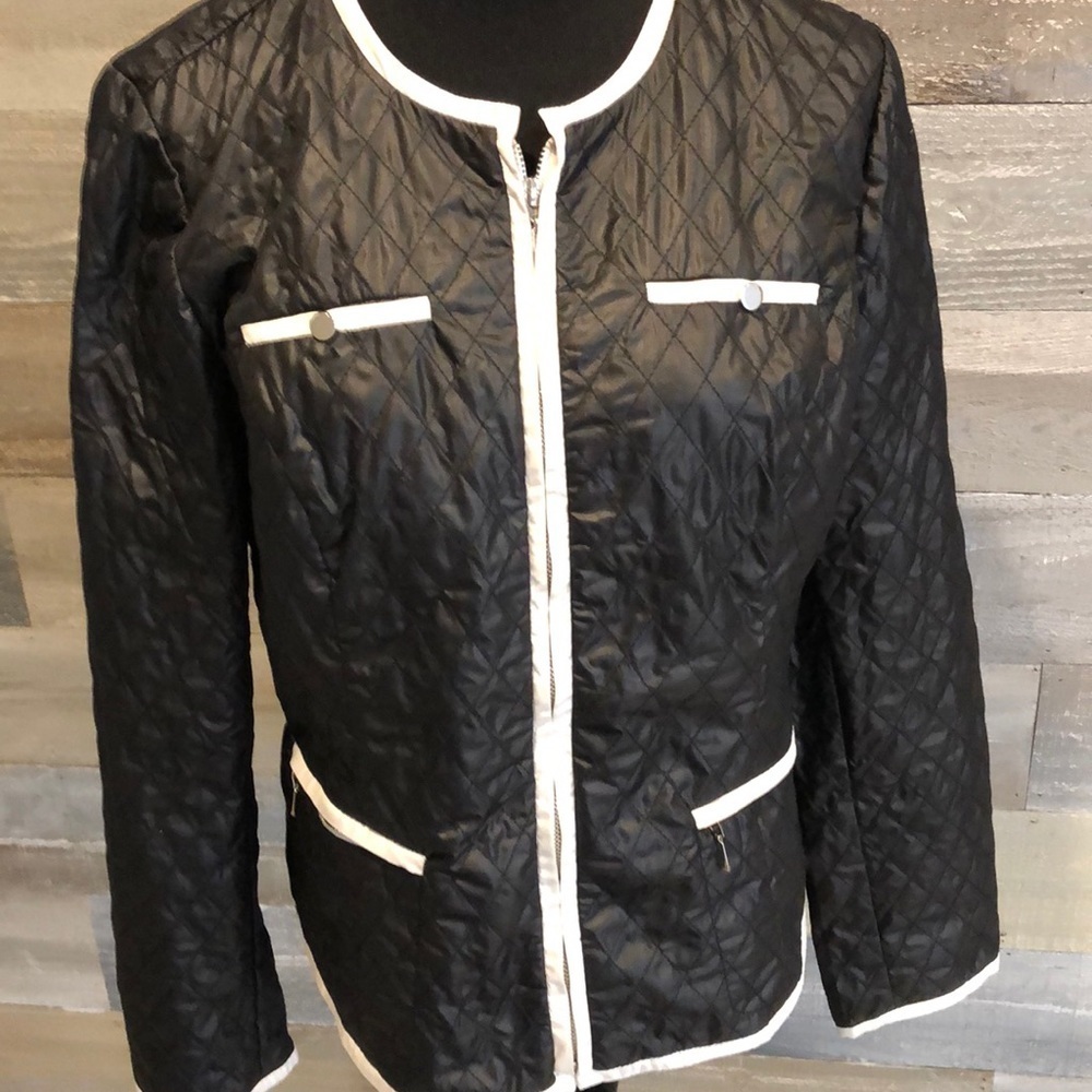 Chico's Black Quilted Jacket with White Trim